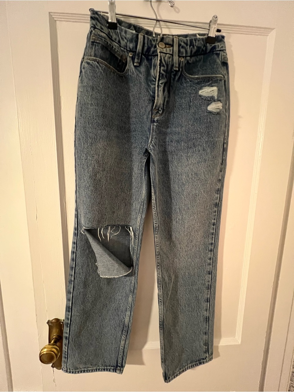 Good American Straight Leg Distressed Blue Jeans